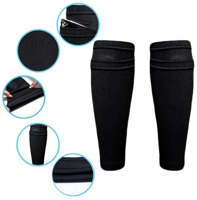 Alt view image 3 of 6 - Youth Teenager Shin Guard Sleeves, 1 Pair, Black Color, with Marble Pattern Drawstring Pouch Bag