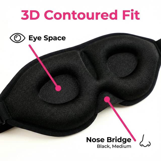 Alt view image 2 of 7 - 1 Pack Sleep Masks 3D Contoured Eye Mask for Sleeping | Upgraded Slanted Nose Wing Light-Blocking Fits Side Sleepers Sleep Mask Black 1 Pc