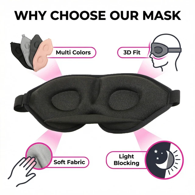 Alt view image 3 of 7 - 1 Pack Sleep Masks 3D Contoured Eye Mask for Sleeping | Upgraded Slanted Nose Wing Light-Blocking Fits Side Sleepers Sleep Mask Black 1 Pc