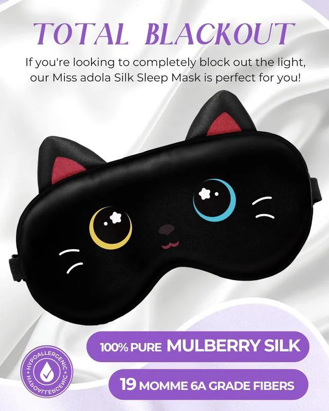Alt view image 2 of 6 - Sleep Mask for Kids - Valentines Gift for Kids Cute Silk Eye Cover for Sleeping Soft Kawaii Eyeshade Animal Eye Blindfold with Adjustable Strap for Girls Teens, Black Cat