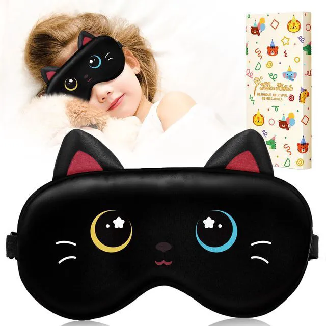 Main image of Sleep Mask for Kids - Valentines Gift for Kids Cute Silk Eye Cover for Sleeping Soft Kawaii Eyeshade Animal Eye Blindfold with Adjustable Strap for Girls Teens, Black Cat