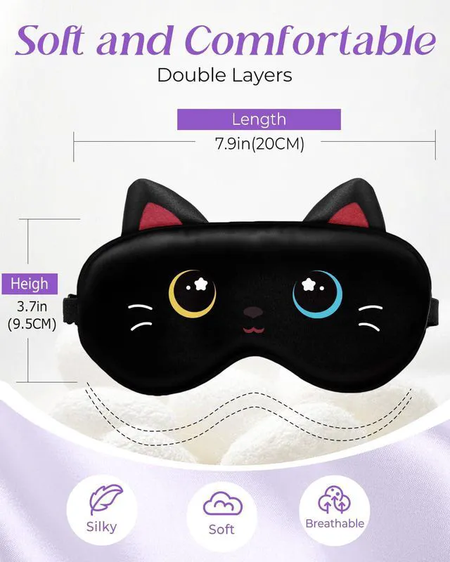 Alt view image 3 of 6 - Sleep Mask for Kids - Valentines Gift for Kids Cute Silk Eye Cover for Sleeping Soft Kawaii Eyeshade Animal Eye Blindfold with Adjustable Strap for Girls Teens, Black Cat