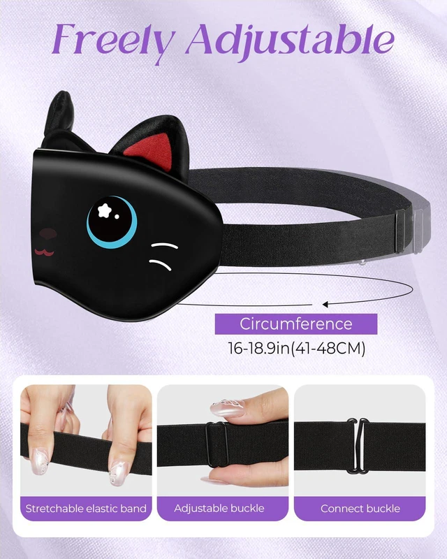 Alt view image 4 of 6 - Sleep Mask for Kids - Valentines Gift for Kids Cute Silk Eye Cover for Sleeping Soft Kawaii Eyeshade Animal Eye Blindfold with Adjustable Strap for Girls Teens, Black Cat