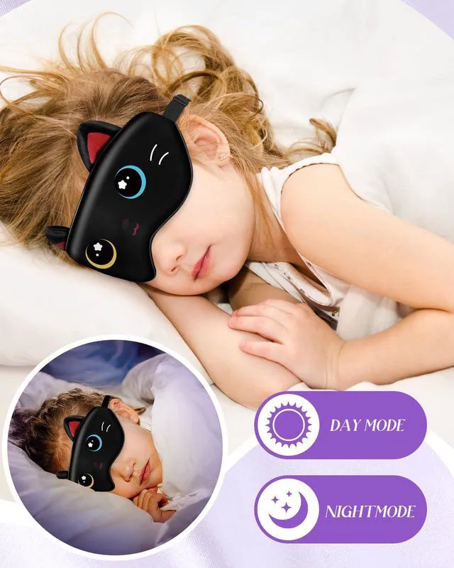 Alt view image 5 of 6 - Sleep Mask for Kids - Valentines Gift for Kids Cute Silk Eye Cover for Sleeping Soft Kawaii Eyeshade Animal Eye Blindfold with Adjustable Strap for Girls Teens, Black Cat