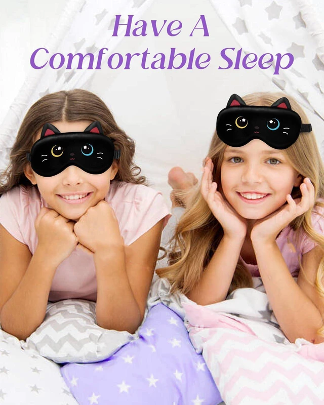 Alt view image 6 of 6 - Sleep Mask for Kids - Valentines Gift for Kids Cute Silk Eye Cover for Sleeping Soft Kawaii Eyeshade Animal Eye Blindfold with Adjustable Strap for Girls Teens, Black Cat