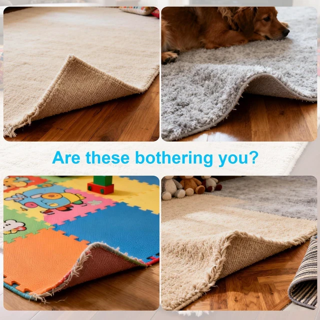 Alt view image 2 of 7 - 8 PCS Triangle Rug Tape, Double-Sided Non Slip Carpet Grippers, No Residue No Damage Anti-Curling Rug Pads, Keep Corners Flat for Hardwood Floors Tiles and Area Rugs