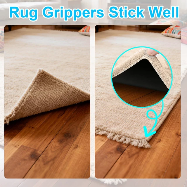 Alt view image 5 of 7 - 8 PCS Triangle Rug Tape, Double-Sided Non Slip Carpet Grippers, No Residue No Damage Anti-Curling Rug Pads, Keep Corners Flat for Hardwood Floors Tiles and Area Rugs