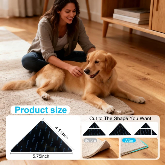 Alt view image 4 of 7 - 8 PCS Triangle Rug Tape, Double-Sided Non Slip Carpet Grippers, No Residue No Damage Anti-Curling Rug Pads, Keep Corners Flat for Hardwood Floors Tiles and Area Rugs