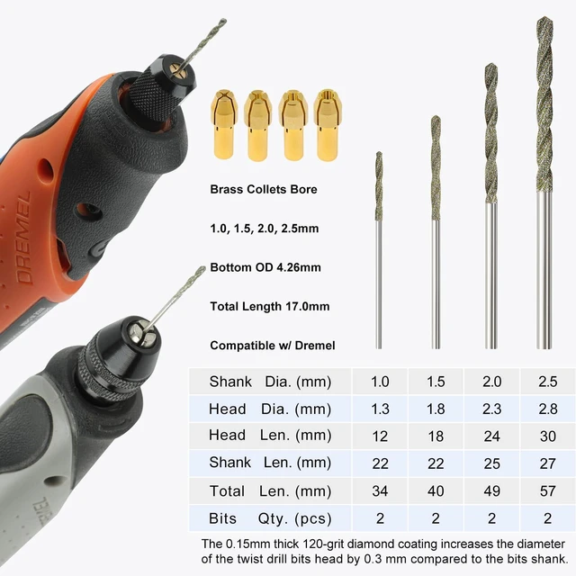 Alt view image 2 of 7 - Diamond Drill Bits 1mm 1.5mm 2mm 2.5mm 2 Each 120-Grit 8Pcs with 4 Collets Compatible with Dremel Rotary Tool for Sea Glass Stone Shells Jewelry Making Porcelain Ceramic Gems