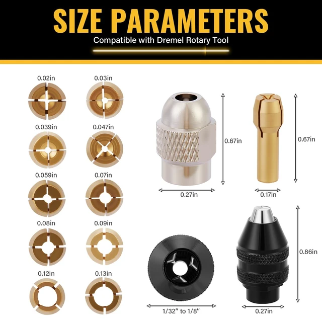 Alt view image 2 of 6 - 15PCS Drill Chuck Collet Set (0.02in - 0.13in) for Dremel | Keyless Quick Replacement Kit, Compatible with Dremel Accessories, Includes 4486 Rotary Tool & 4485 Brass Collet & Metal Nut