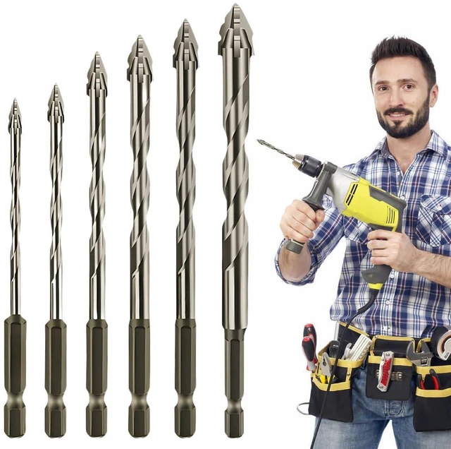 Main image of 6PCS Four-Flute Sawtooth Eccentric Drill Bit, Hexagonal Shank Heavy-Duty Carbide Tip, 4 5 6 8 10 12mm High-Strength Eccentric Twist Drill Bit, for Wood/Marble/Metal/Concrete/Wall Tiles