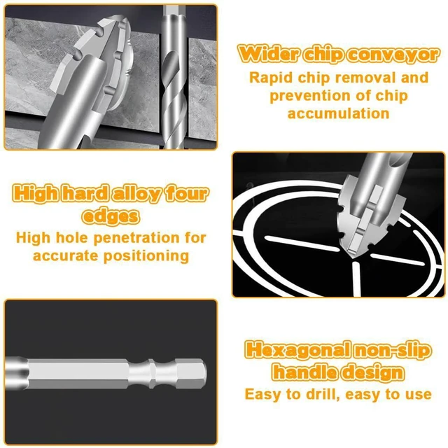 Alt view image 4 of 7 - 6PCS Four-Flute Sawtooth Eccentric Drill Bit, Hexagonal Shank Heavy-Duty Carbide Tip, 4 5 6 8 10 12mm High-Strength Eccentric Twist Drill Bit, for Wood/Marble/Metal/Concrete/Wall Tiles