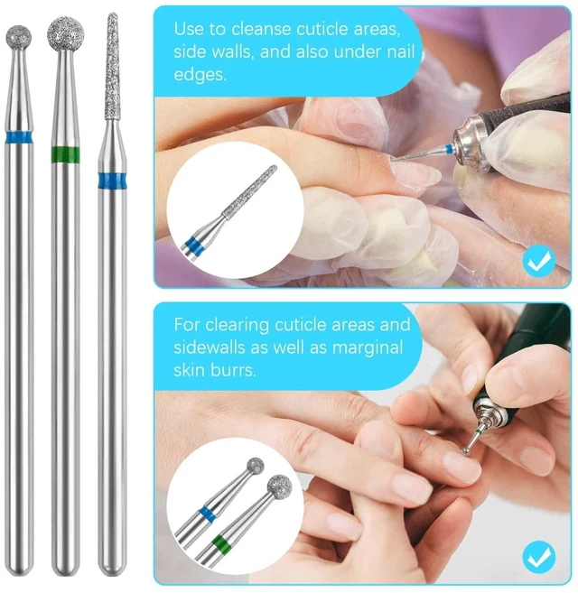 Alt view image 2 of 7 - Cuticle Drill Bit,Cuticle Drill Bits for nails 3pcs Diamond Nail Drill Bits for 3/32''Electric Nail File Machine Pedicure Tool