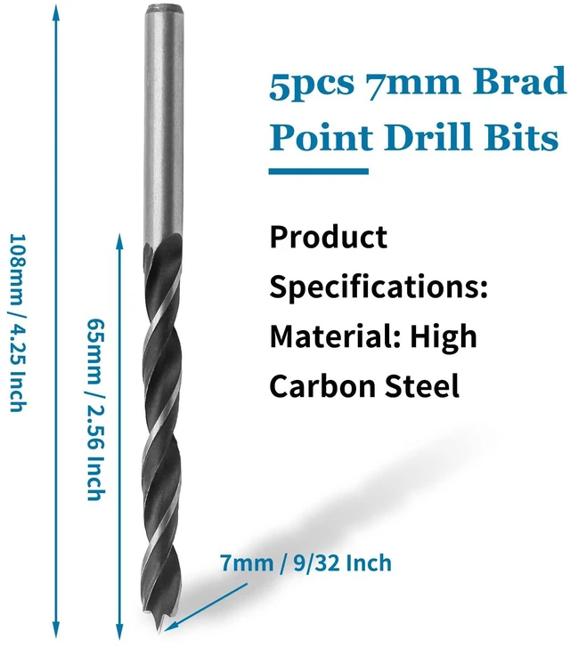 Alt view image 5 of 7 - 7mm Brad Point Drill Bits for Woodworking, 5pcs | High Carbon Steel, For Softwood Hardwood Plywood, For Acrylic Plastic, Metric Drill Bits