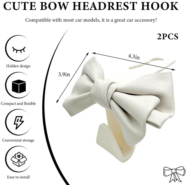Alt view image 2 of 6 - 2 PCS Car Seat Headrest Hooks, Cute Bow Shaped Vehicle Backseat Purse Holder Storage Hook, Bow Knot Seat Back Hooks Hanging Organizer for Coat Umbrellas Grocery Bag (White)