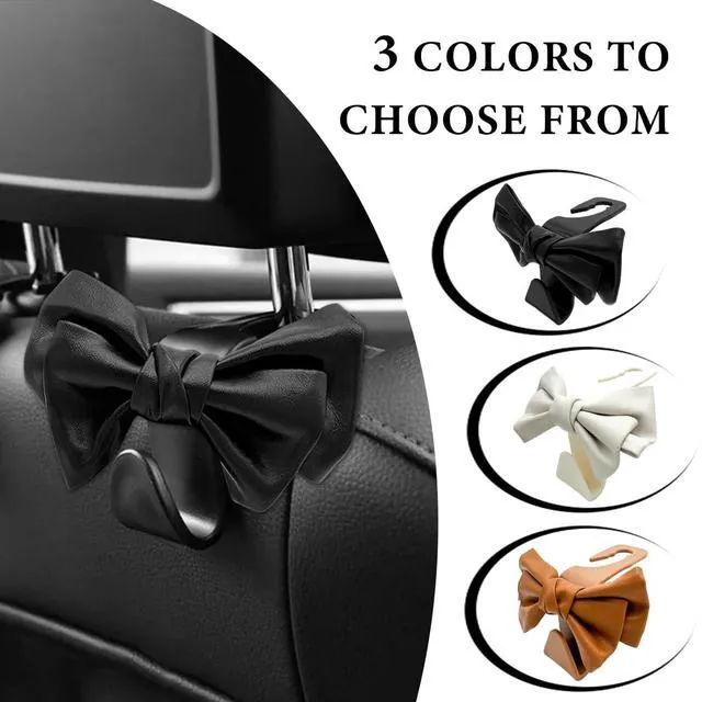 Alt view image 6 of 6 - 2 PCS Car Seat Headrest Hooks, Cute Bow Shaped Vehicle Backseat Purse Holder Storage Hook, Bow Knot Seat Back Hooks Hanging Organizer for Coat Umbrellas Grocery Bag (White)