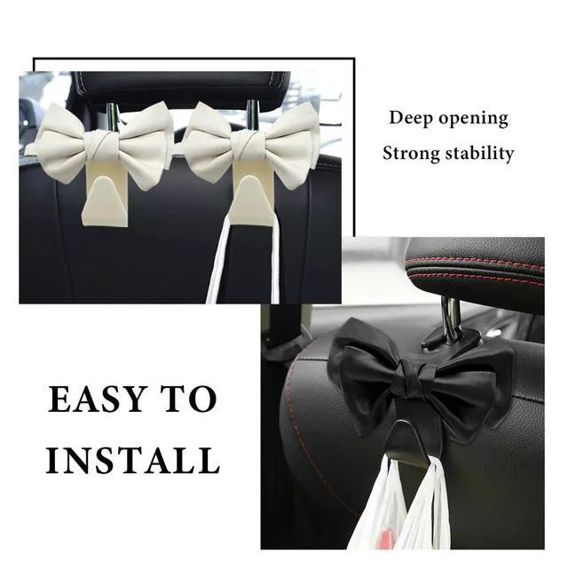 Alt view image 5 of 6 - 2 PCS Car Seat Headrest Hooks, Cute Bow Shaped Vehicle Backseat Purse Holder Storage Hook, Bow Knot Seat Back Hooks Hanging Organizer for Coat Umbrellas Grocery Bag (White)