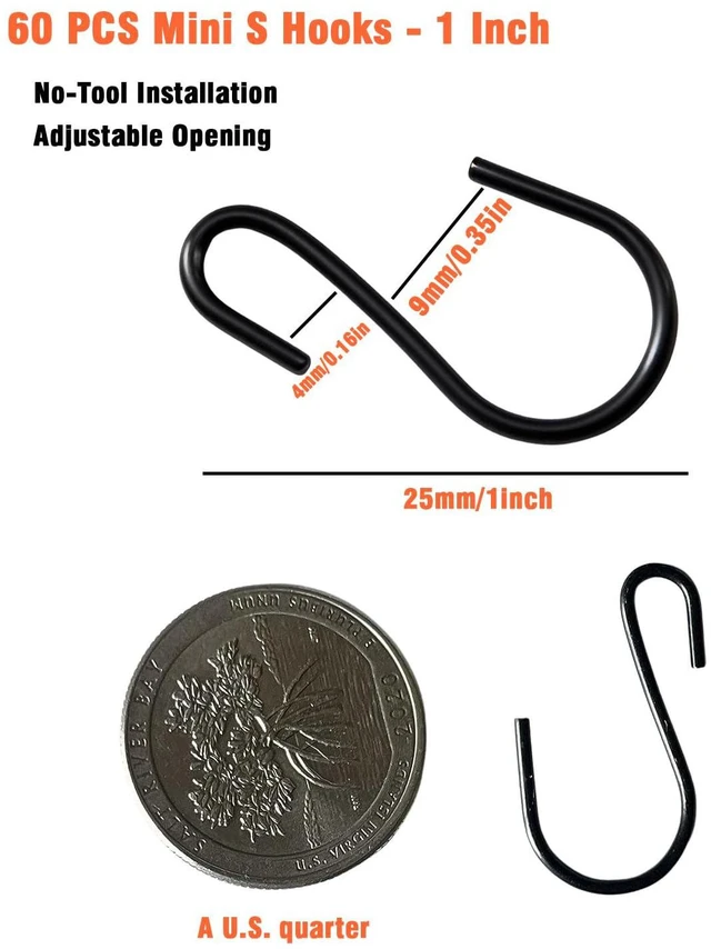 Alt view image 2 of 6 - 60 PCS S Hooks, 1 Inch Mini Black S-Hooks for Hanging, Iron Hooks for Jewelry, Kitchen Utensils, Pots, Ornaments, No-Tool Installation Organization