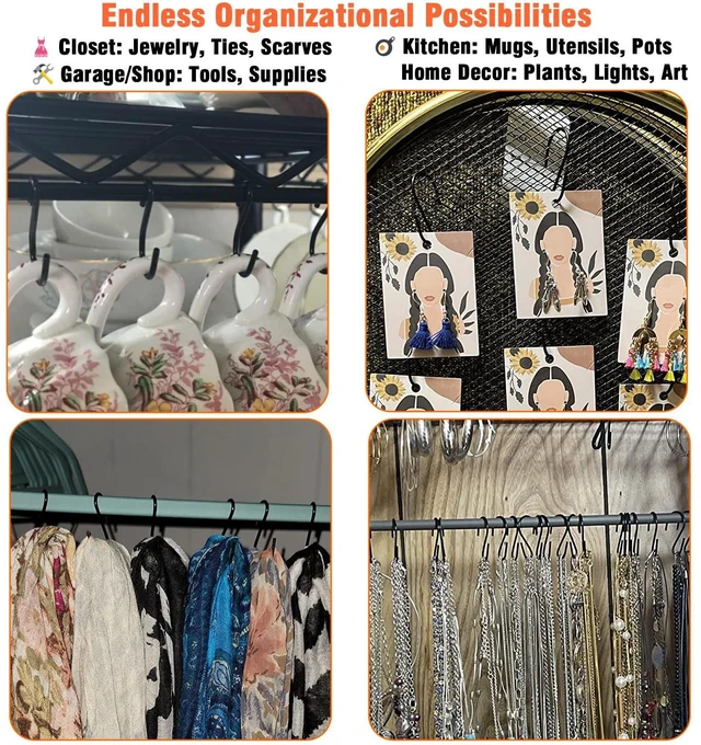 Alt view image 6 of 6 - 60 PCS S Hooks, 1 Inch Mini Black S-Hooks for Hanging, Iron Hooks for Jewelry, Kitchen Utensils, Pots, Ornaments, No-Tool Installation Organization