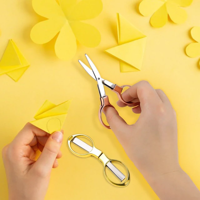 Alt view image 2 of 7 - 2 Pcs Folding Scissors Safe Foldable Travel Scissors Portable Mini Scissor Stainless Steel Small Folding Scissor for Home Office School Travel Use Telescopic Cutter Mini Shear (Rose Gold + Gold)