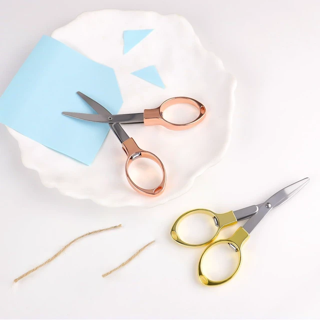 Alt view image 4 of 7 - 2 Pcs Folding Scissors Safe Foldable Travel Scissors Portable Mini Scissor Stainless Steel Small Folding Scissor for Home Office School Travel Use Telescopic Cutter Mini Shear (Rose Gold + Gold)