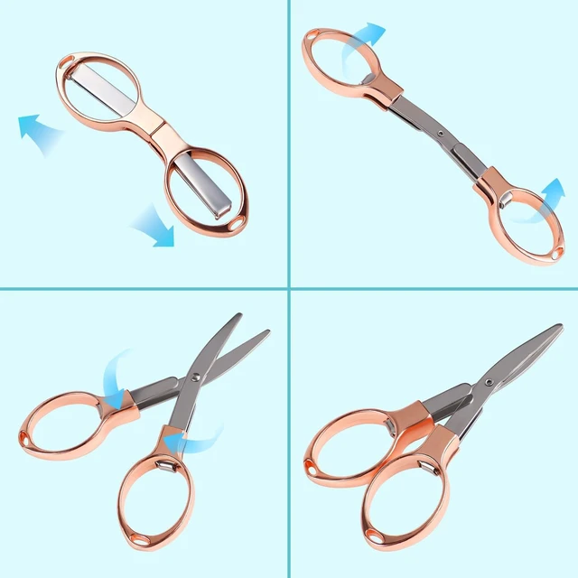 Alt view image 5 of 7 - 2 Pcs Folding Scissors Safe Foldable Travel Scissors Portable Mini Scissor Stainless Steel Small Folding Scissor for Home Office School Travel Use Telescopic Cutter Mini Shear (Rose Gold + Gold)