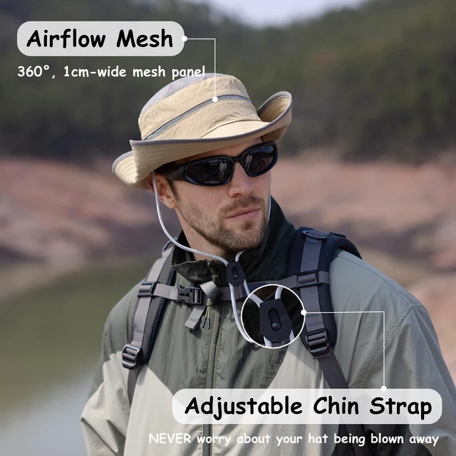 Alt view image 6 of 6 - Men's Fishing Hat with Fold-Up Brim - Breathable Mesh Bucket Hats for Hiking, Camping & Travel, Khaki