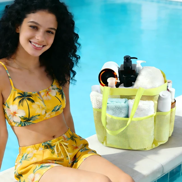 Alt view image 5 of 7 - Mesh Shower Caddy Portable - 9 Pockets, Shower Bag for Dorm Room Camping | 2 Handle Quick Dry Shower Bag College Dorm Room Essentials Large Capacity Hanging Basket for Bathroom Travel Swimming Gym