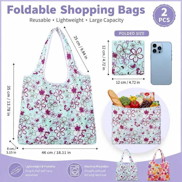 Alt view image 2 of 7 - 2 Pack Foldable Shopping Bag, Washable Reusable Grocery Bags with Holder in Pocket, Nylon Lightweight Tote Bags for Travel, Shopping, Daily Supplies (Colorful Flowers)