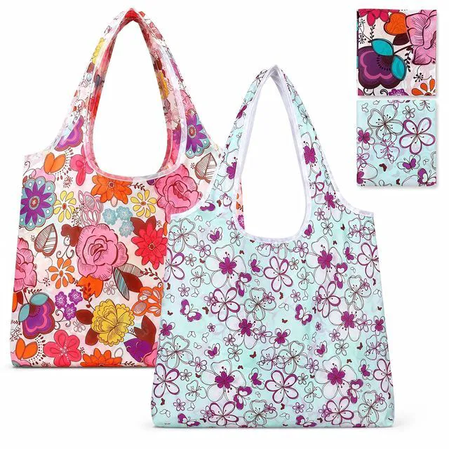 Main image of 2 Pack Foldable Shopping Bag, Washable Reusable Grocery Bags with Holder in Pocket, Nylon Lightweight Tote Bags for Travel, Shopping, Daily Supplies (Colorful Flowers)
