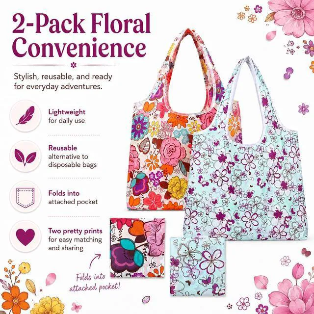 Alt view image 3 of 7 - 2 Pack Foldable Shopping Bag, Washable Reusable Grocery Bags with Holder in Pocket, Nylon Lightweight Tote Bags for Travel, Shopping, Daily Supplies (Colorful Flowers)
