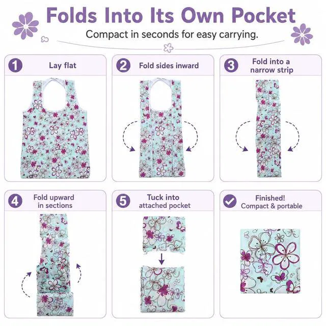 Alt view image 4 of 7 - 2 Pack Foldable Shopping Bag, Washable Reusable Grocery Bags with Holder in Pocket, Nylon Lightweight Tote Bags for Travel, Shopping, Daily Supplies (Colorful Flowers)