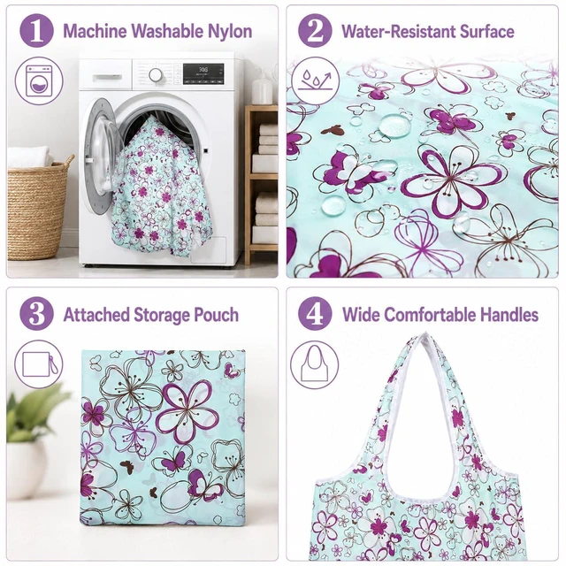 Alt view image 6 of 7 - 2 Pack Foldable Shopping Bag, Washable Reusable Grocery Bags with Holder in Pocket, Nylon Lightweight Tote Bags for Travel, Shopping, Daily Supplies (Colorful Flowers)
