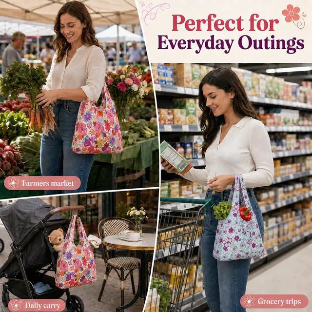 Alt view image 7 of 7 - 2 Pack Foldable Shopping Bag, Washable Reusable Grocery Bags with Holder in Pocket, Nylon Lightweight Tote Bags for Travel, Shopping, Daily Supplies (Colorful Flowers)
