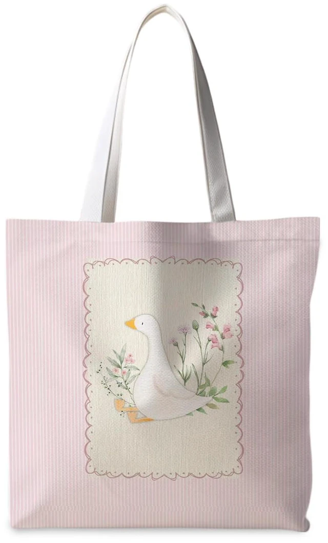 Main image of Pink Floral Goose Canvas Tote Bag, Cottagecore Botanical Goose Tote Bag for Women, Animal Lover Gifts, Aesthetic Cute Farm Animal Striped Reusable Shopping Grocery Bags