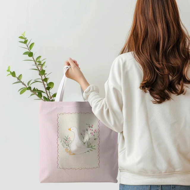 Alt view image 2 of 6 - Pink Floral Goose Canvas Tote Bag, Cottagecore Botanical Goose Tote Bag for Women, Animal Lover Gifts, Aesthetic Cute Farm Animal Striped Reusable Shopping Grocery Bags