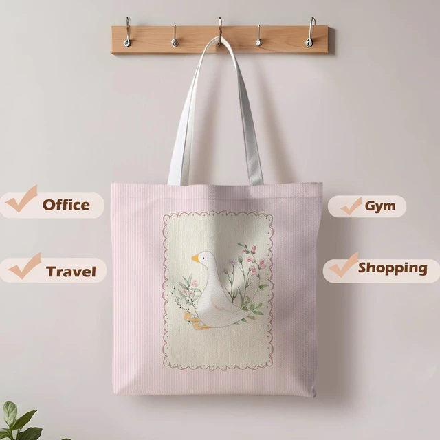 Alt view image 4 of 6 - Pink Floral Goose Canvas Tote Bag, Cottagecore Botanical Goose Tote Bag for Women, Animal Lover Gifts, Aesthetic Cute Farm Animal Striped Reusable Shopping Grocery Bags