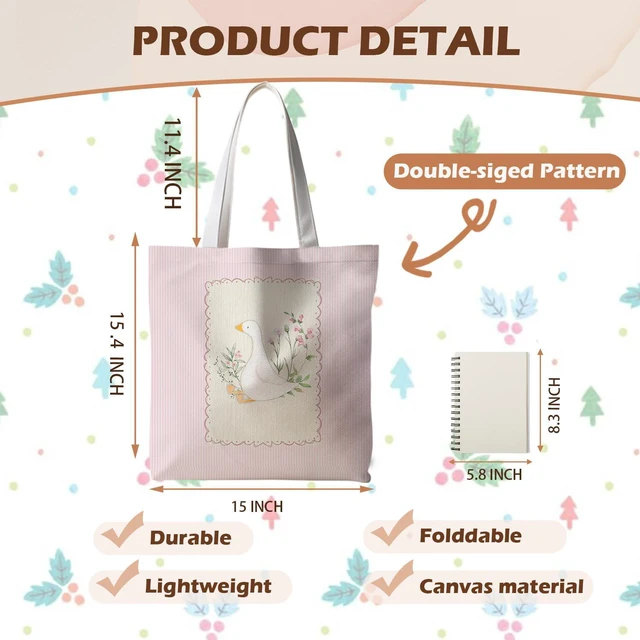 Alt view image 5 of 6 - Pink Floral Goose Canvas Tote Bag, Cottagecore Botanical Goose Tote Bag for Women, Animal Lover Gifts, Aesthetic Cute Farm Animal Striped Reusable Shopping Grocery Bags