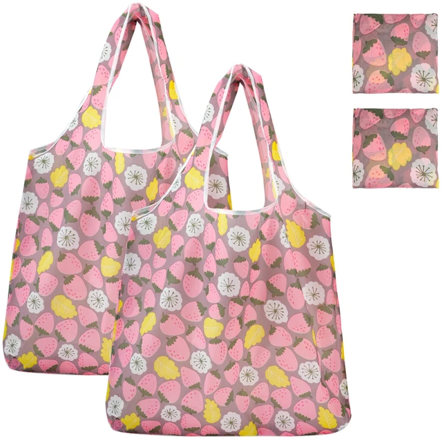 Main image of Foldable Reusable Shopping Grocery Bags, Lightweight, Washable, Cute Packable Polyester Tote Bag (2, Strawberry)