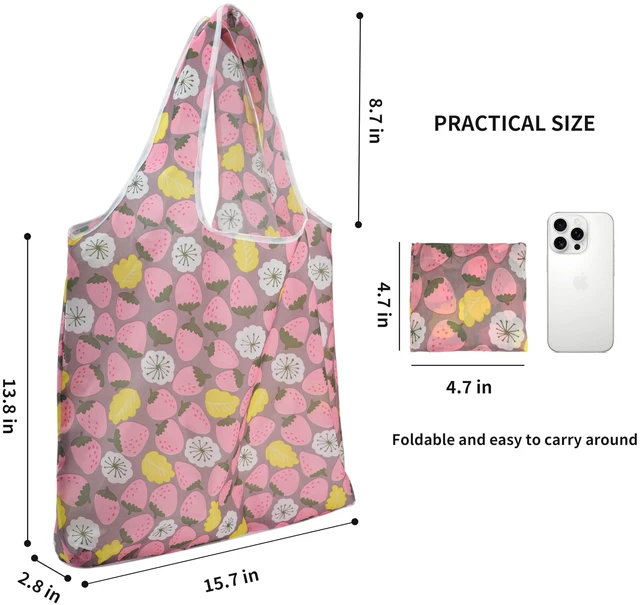 Alt view image 2 of 6 - Foldable Reusable Shopping Grocery Bags, Lightweight, Washable, Cute Packable Polyester Tote Bag (2, Strawberry)