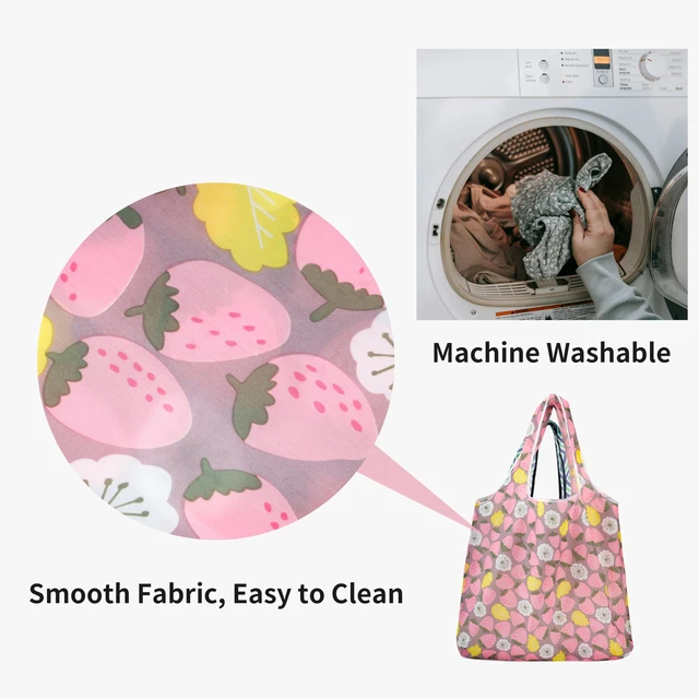 Alt view image 3 of 6 - Foldable Reusable Shopping Grocery Bags, Lightweight, Washable, Cute Packable Polyester Tote Bag (2, Strawberry)