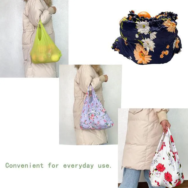 Alt view image 2 of 6 - Reusable Scalable Tote Grocery Bags,Eco-Friendly Foldable Shopping Bags with Storage Pouch,Perfect for Sustainable Shoppers-Black Flower