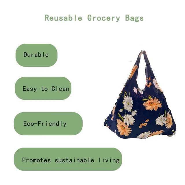 Alt view image 4 of 6 - Reusable Scalable Tote Grocery Bags,Eco-Friendly Foldable Shopping Bags with Storage Pouch,Perfect for Sustainable Shoppers-Black Flower