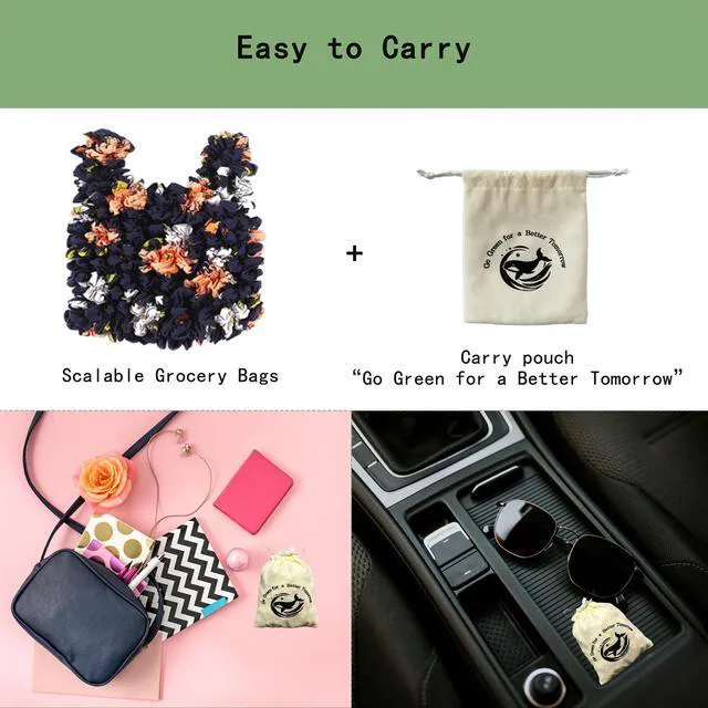 Alt view image 5 of 6 - Reusable Scalable Tote Grocery Bags,Eco-Friendly Foldable Shopping Bags with Storage Pouch,Perfect for Sustainable Shoppers-Black Flower