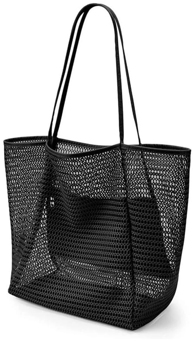 Main image of Large Mesh Beach Tote Bag, Foldable Summer Handbag, Tan (black) | Foldable, Summer Handbagbeach bagbeach bags for womenbeach totesummer bagbeach essentials for women