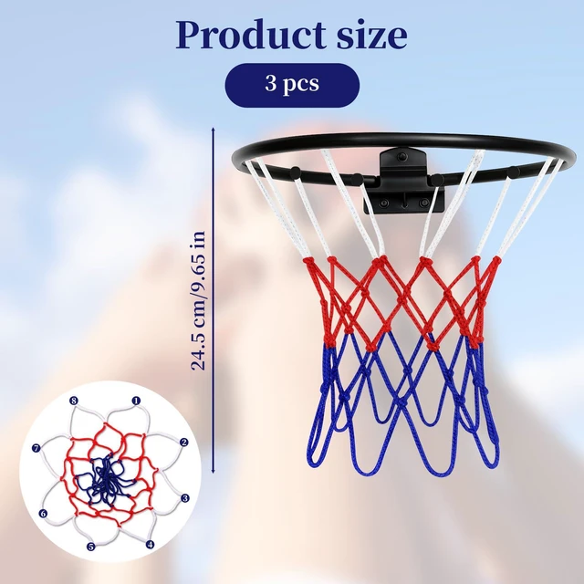 Alt view image 2 of 6 - 3 Pack Mini Basketball Net Replacement for 8 Loops - Small Indoor Outdoor Basketball Net Fit 8"-10.25" Hoops, Color Basketballs Hoop Nets, Basketballs Hoop Replacement Nets for Indoor Door/Room Walls