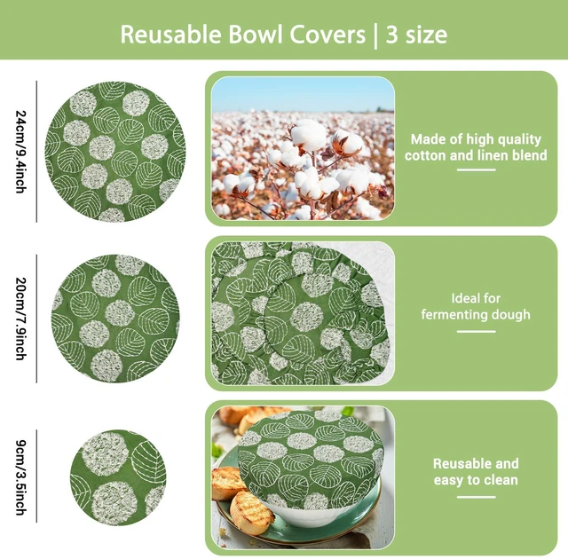 Alt view image 2 of 6 - 3 Pcs Bowl Cover for Bread Proofing Botanical Embroidered Sourdough Bowl Covers Elastic Cotton Linen Food Storage Bowl Covers for Dough Proofing Baking Accessories