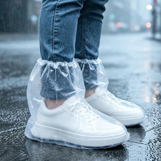 Main image of Waterproof Disposable Rain Shoe Covers Clear PE, 10 Pcs (5) | Disposable Waterproof Rain Shoe Covers, Clear Plastic Overshoes for Adults