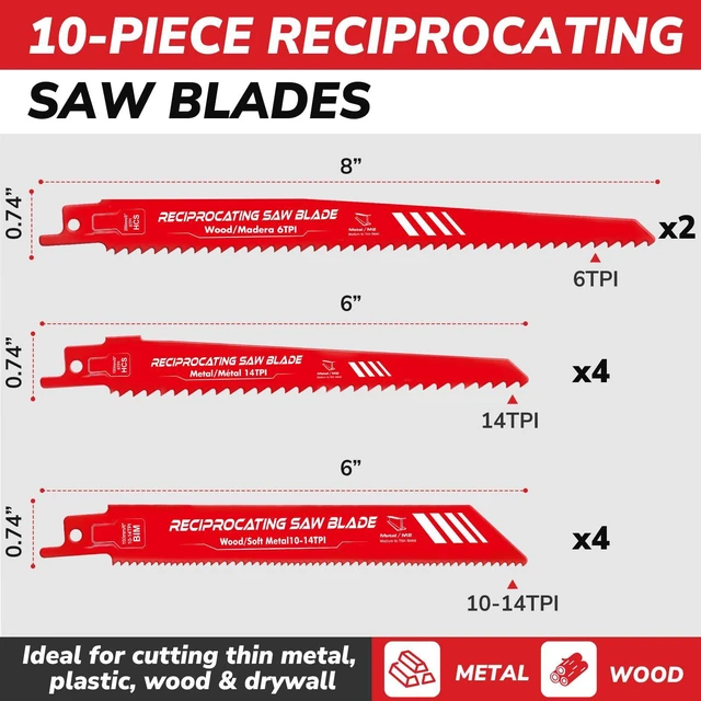 Alt view image 2 of 7 - 10PCS Reciprocating Saw Blade Set, 6" & 8" Saw Blades with Storage Box | Carbon Steel, Saw Blades Use for Cutting Wood, Thin Metal, Drywall, Plastics & Composite Materials