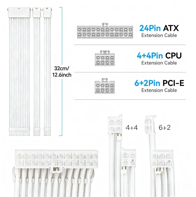 Alt view image 9 of 14 - 18AWG PSU Extension Cable Kit, PVC Fabric Texture, 1x24Pin ATX / 1x8Pin(4+4) CPU / 2x8Pin(6+2) GPU Power Extension Cable, 30cm with Combs, White